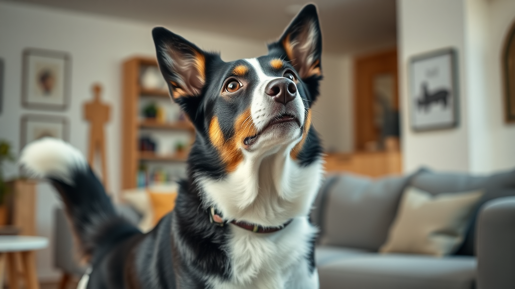 attentive border collie anticipating treat reward, dog training techniques, modern living room, training tools