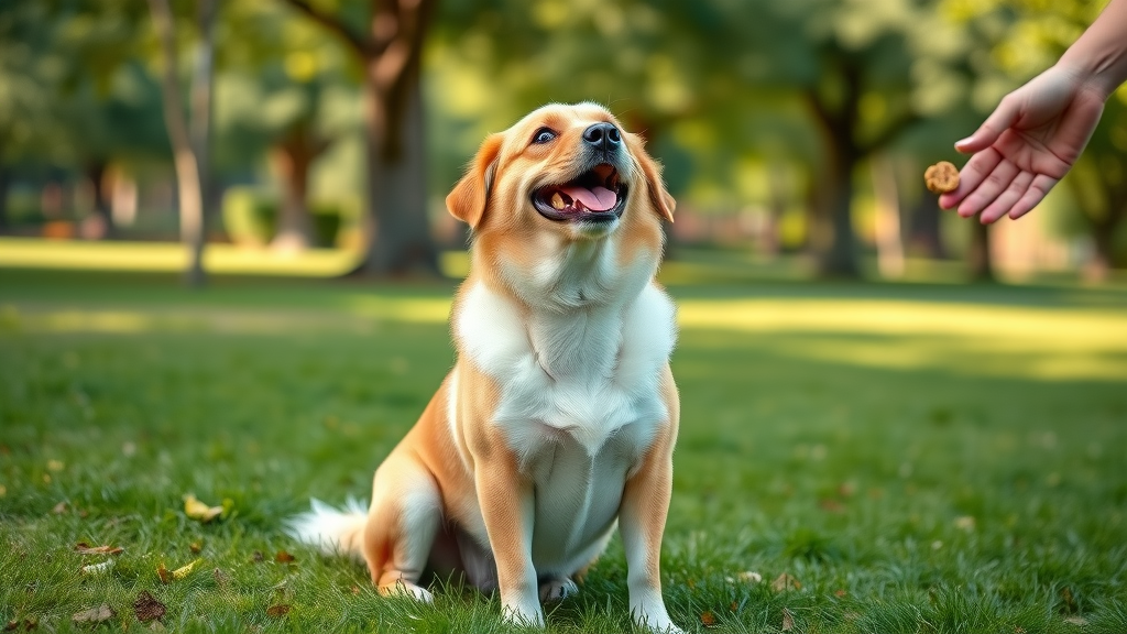 happy dog sitting eagerly, positive reinforcement training, joyful expression, dog looks up at owner in park, dog training treat in owner