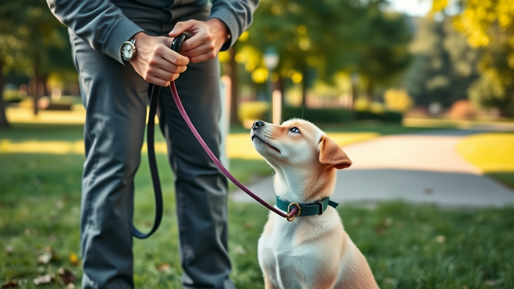 Professional dog trainer using adjustable leash and clicker with focused puppy in park, morning sunlight, puppy training supplies.