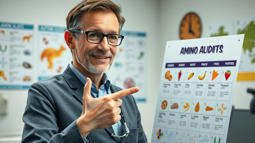pet nutritionist explaining amino acids with a chart in veterinary clinic. dog food ingredients