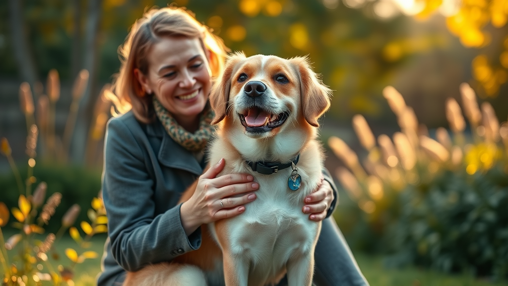 Happy senior dog with relaxed posture sitting beside owner after grooming, tranquil autumn garden
