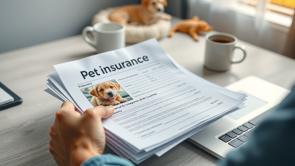 Organized pet insurance documents with a puppy photo, adult hand sorting papers on a desktop with a laptop and coffee mug in soft morning sunlight