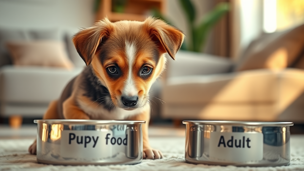 mixed breed puppy comparing puppy food and dog food for proper puppy nutrition basics in a sunny living room