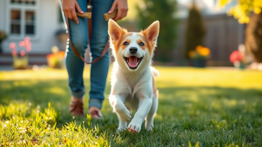 Joyful puppy running toward owner, treat pouch and treats in hand, outdoor backyard, vivid green grass and sun.