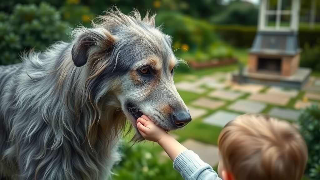 Noble Irish Wolfhound gently nuzzling a child’s hand in a lush garden, highlighting the breed’s affectionate and calm demeanor.