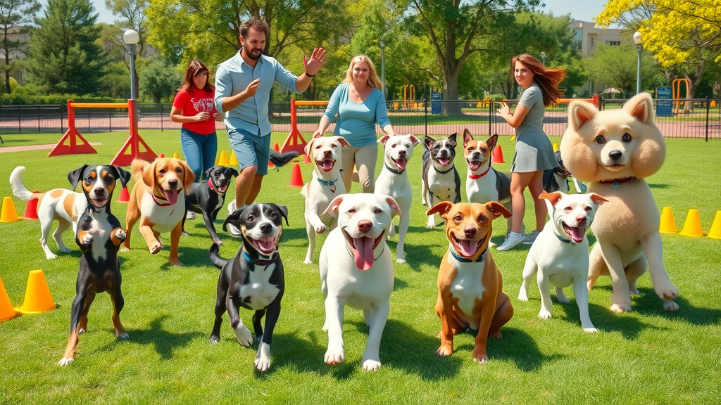 group class for dog training with different breeds and trainers in a vibrant outdoor park