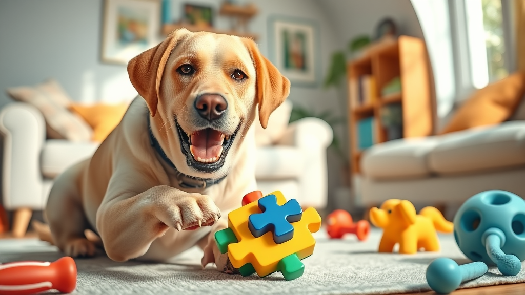 playful Labrador retriever interacting with a puzzle dog toy - interactive dog toys