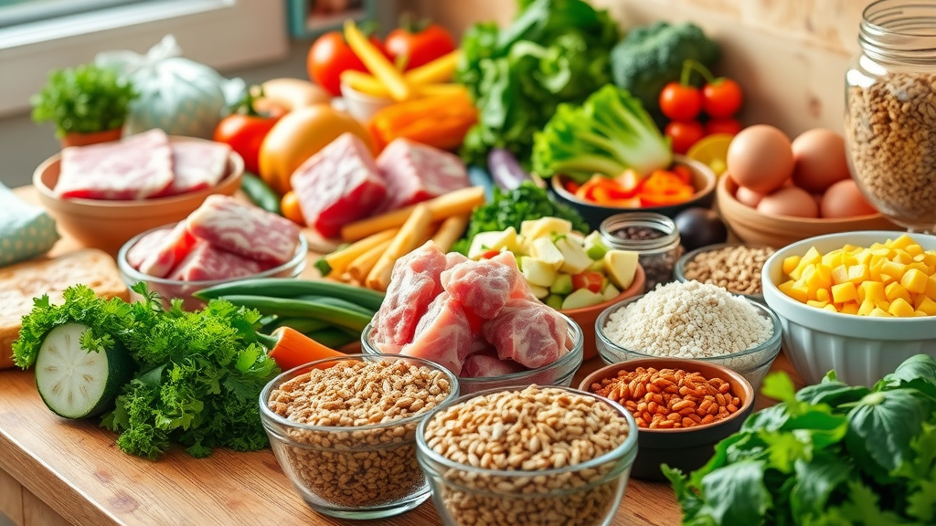homemade dog food recipes fresh ingredients colorful proteins vegetables grains brown rice sweet potato