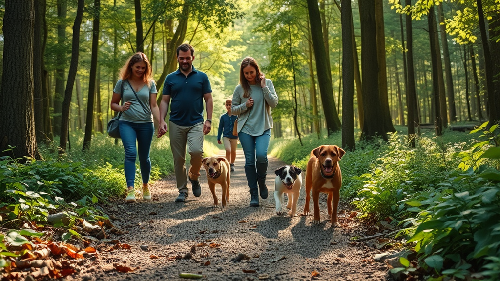 Family group and dog exploring a wooded nature trail with outdoor games for dogs