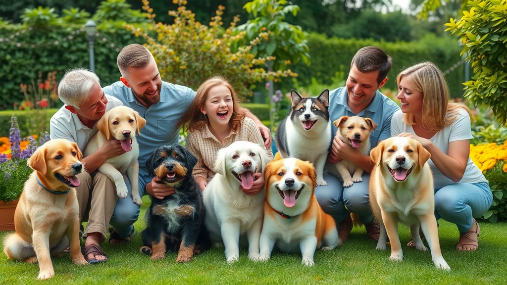 warm-hearted multigenerational family playing with several best family dogs in a lush backyard, smiling and petting loyal family dog breeds.