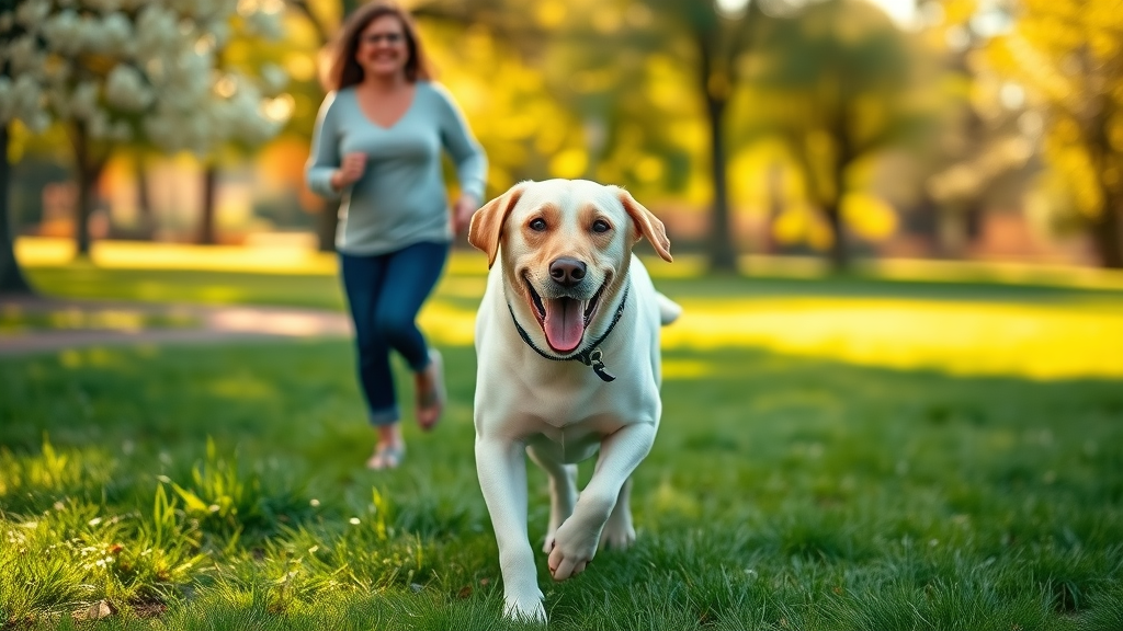 Senior Labrador retriever after successful arthritis treatment, running joyfully in a sunlit park