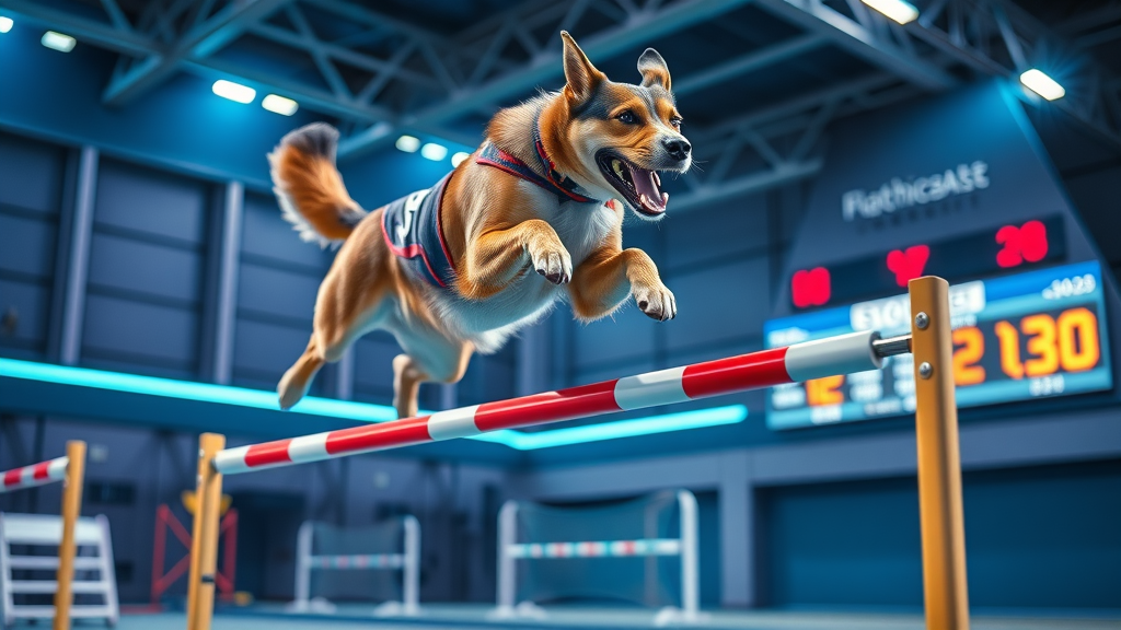 elite canine athlete jumping over hurdle in neon-lit agility arena, determined and focused