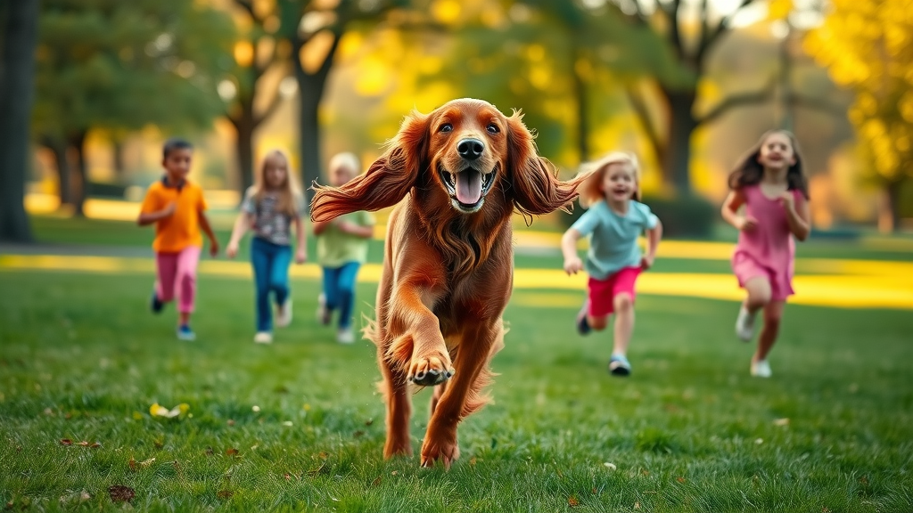 vibrant Irish Setter dashing through a park with energetic children, joyful smile, dogs good with kids, dynamic action, golden hour sunlight, green open space