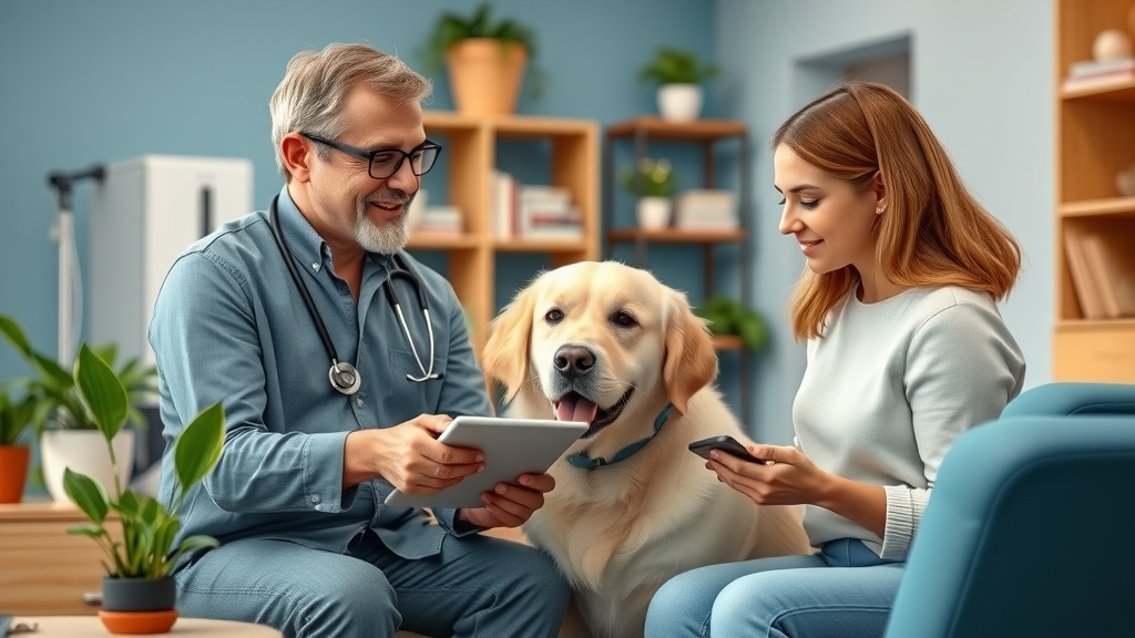 kind holistic veterinarian advising a family, building a balanced holistic pet care plan, natural pet advice