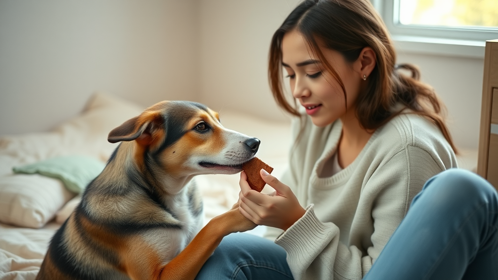 timid rescue dog gently interacting with woman, behavior modification for dogs in shelter setting