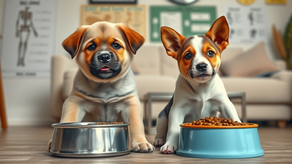 large and small breed puppies eating properly portioned food for their breed and size at home