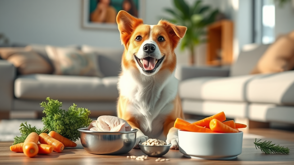 healthy dog sitting near bowls of chicken breast, carrots, oats in modern living room. dog food ingredients