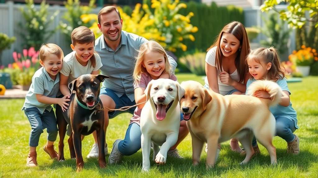 joyful diverse family with children and two pet-friendly dogs, Labrador and Golden Retriever, playing in a blooming sunny backyard