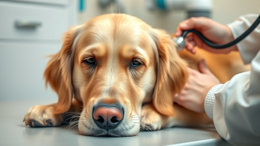 Gentle senior golden retriever veterinary care for older dogs checkup in a comforting clinic