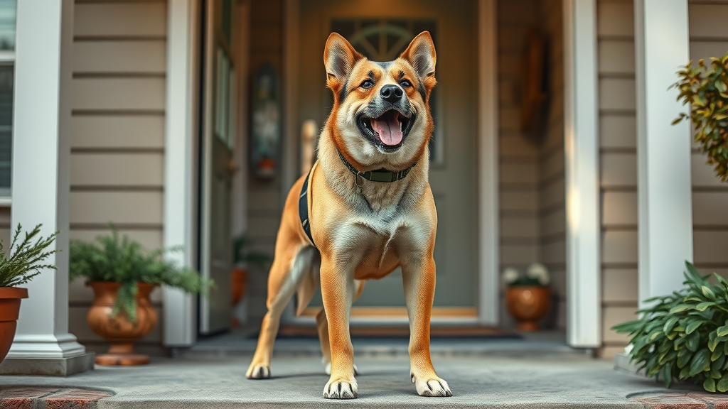 Medium-sized guard dog standing alert at home entrance, barking with confident posture, territorial aggression in dogs