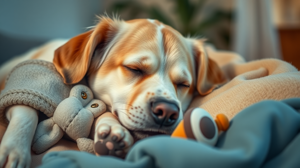 Reassured elderly dog resting peacefully with a soft blanket and favorite toy, showing comfort in a calm, supportive environment