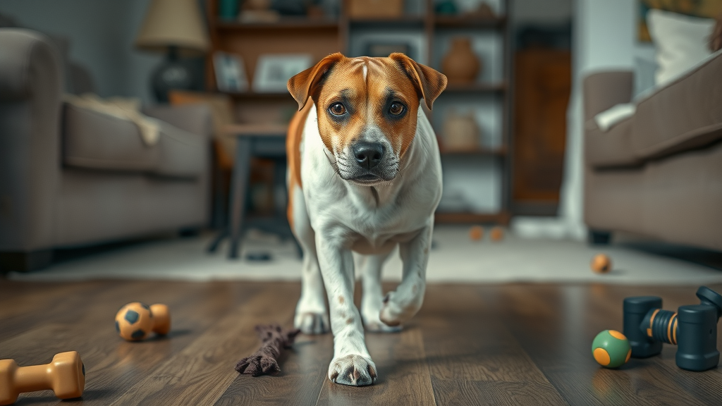 Concerned dog wandering in a familiar room, showing clinical signs of canine cognitive dysfunction, slow pacing and confusion, home interior