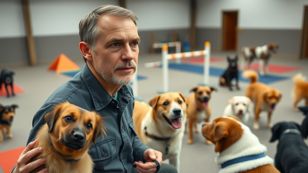 experienced dog behaviorist observing group dog training session, multiple breeds, indoor training room