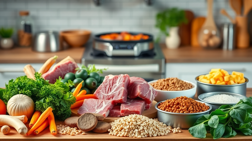 dog food nutritional components, premium ingredients like fresh meat, vegetables, grains for optimal dog nutrition