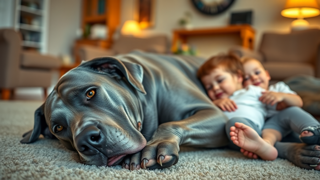 great dane affectionate dog breed lying calmly with children in living room