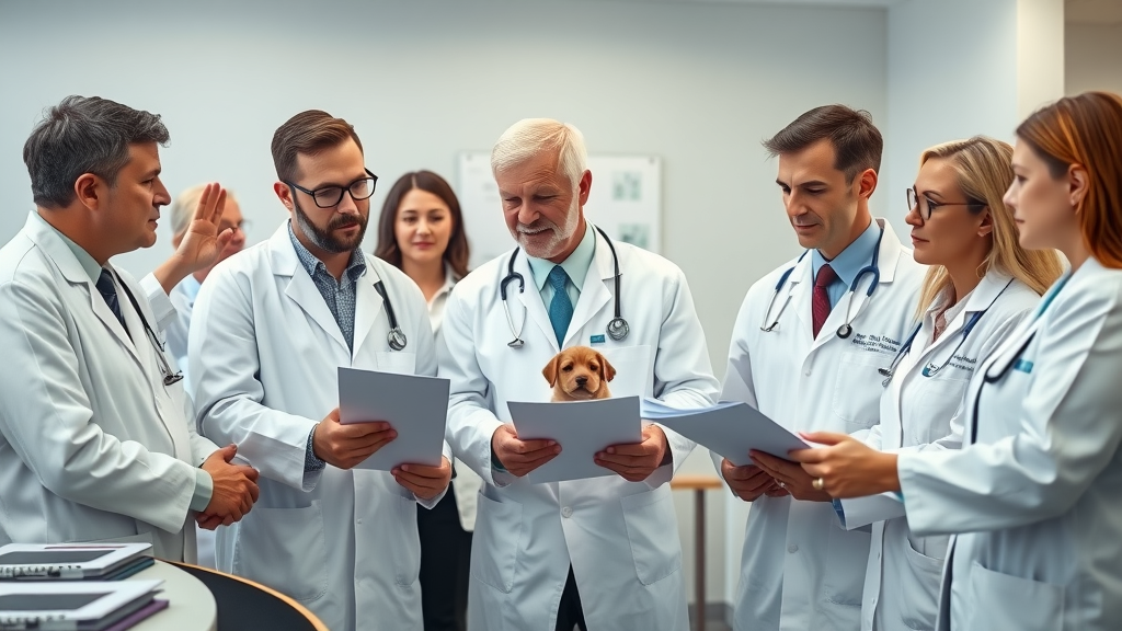 group of veterinarians reviewing puppy food safety guidelines - trusted organizations balanced diet