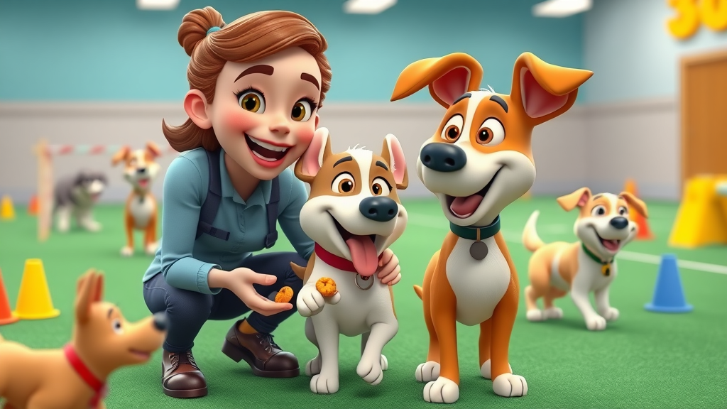 positive trainer and reactive dog training, treats offered, dog training agility tools, 2D Cartoon, animated dogs, bold colors