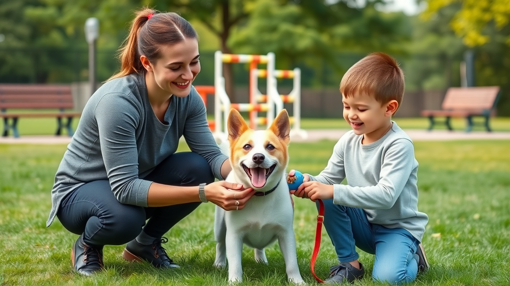 dog trainer and young child socializing a friendly puppy, positive training in a green dog park