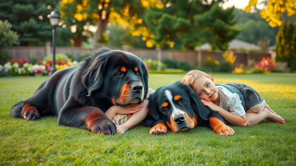 gentle giants Newfoundland and Bernese Mountain Dog cuddling with children on a lush lawn, family-friendly dog breeds