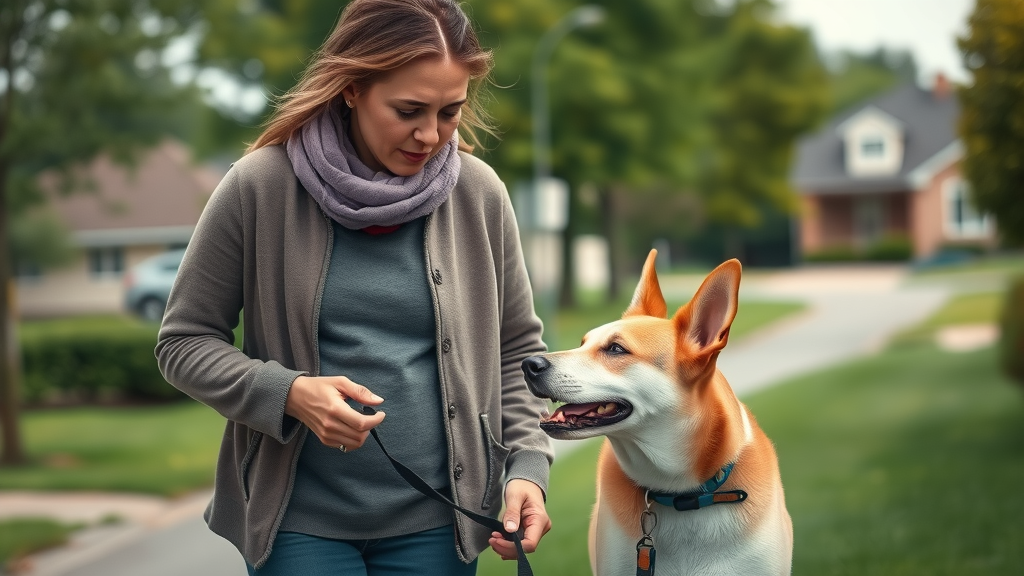 Concerned dog owner with a medium-sized reactive dog, gently observing dog body language while walking in a peaceful neighborhood.