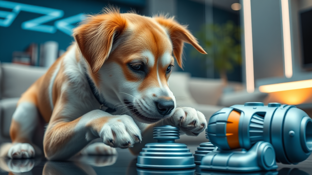 intelligent dog solving complex puzzle toy, alert expression, advanced dog mental stimulation, futuristic dog toy