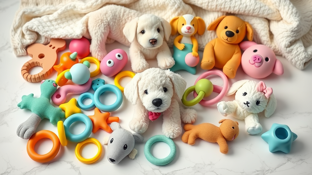 display of assorted puppy toys and accessories: chew toys, teething rings, plush toys, and interactive puzzles