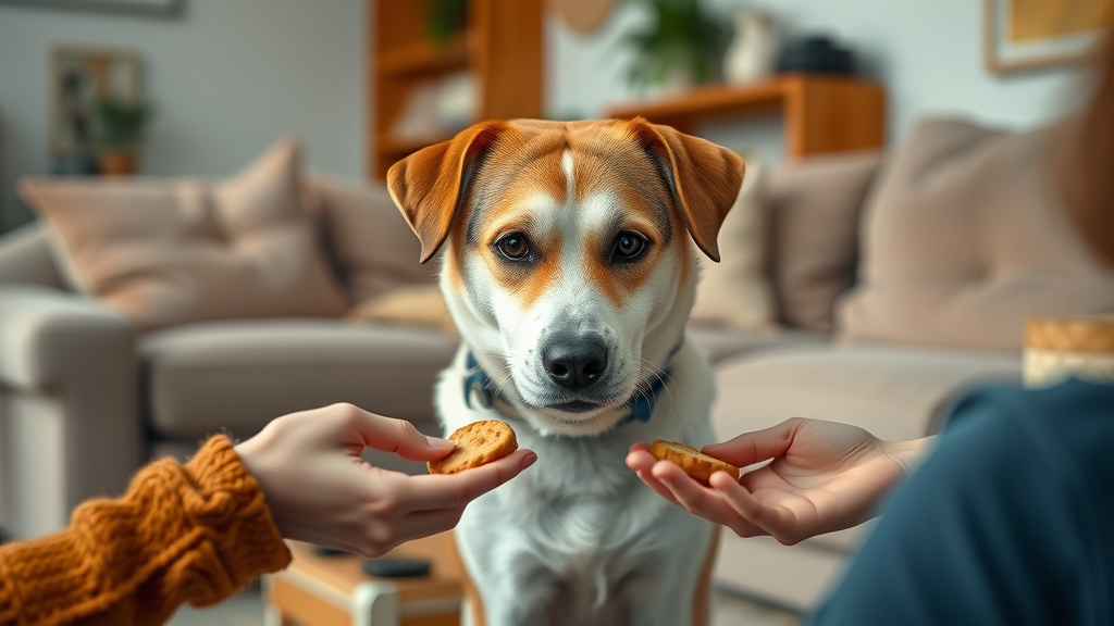 Serene dog sitting calmly while a person offers a treat, calm dog training methods in a cozy living room with warm, peaceful lighting