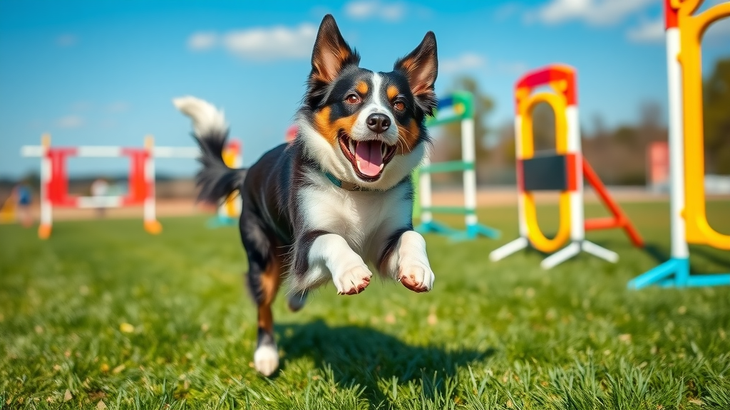athletic Border Collie, excited on agility course in green park, border collie