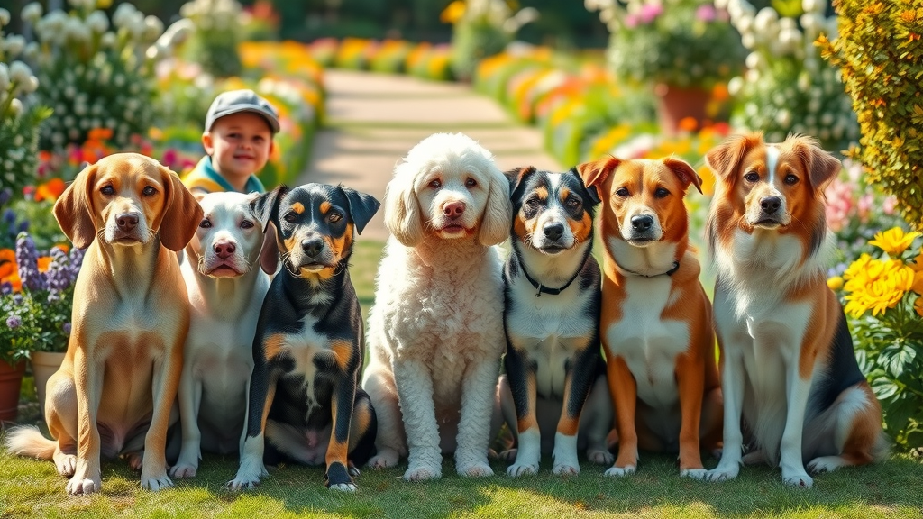 group portrait of various family-friendly dog breeds including Beagle, Poodle, Boxer, and Collie, all calmly sitting with well-behaved children in a garden, dogs good with kids, gentle interactions, balanced daylight