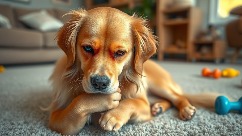 Anxious golden retriever with irritated, red skin showing allergy symptoms and scratching. Dog food for allergies, photorealistic image.