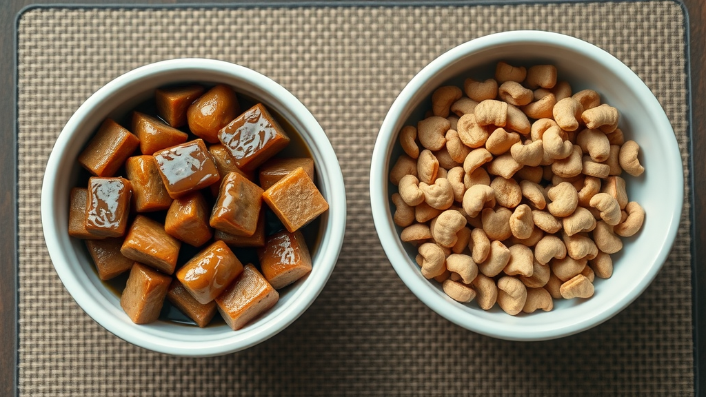 Bowls of wet and dry dog food side-by-side with visible texture comparison