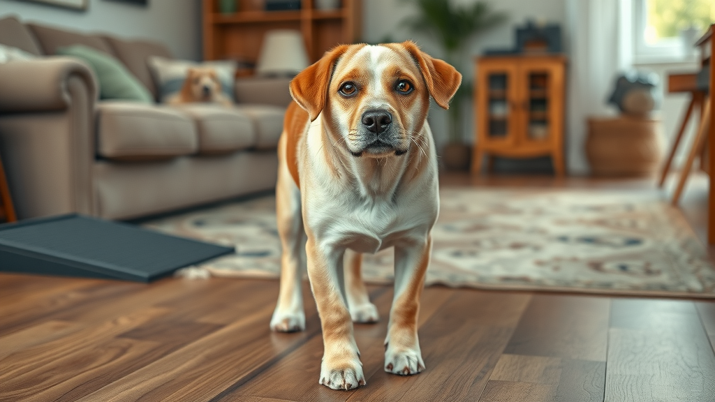 Senior dog with mobility issues standing on non-slip rug and steps in cozy living room - managing dog mobility issues, senior dog, pet ramps, non-slip rugs