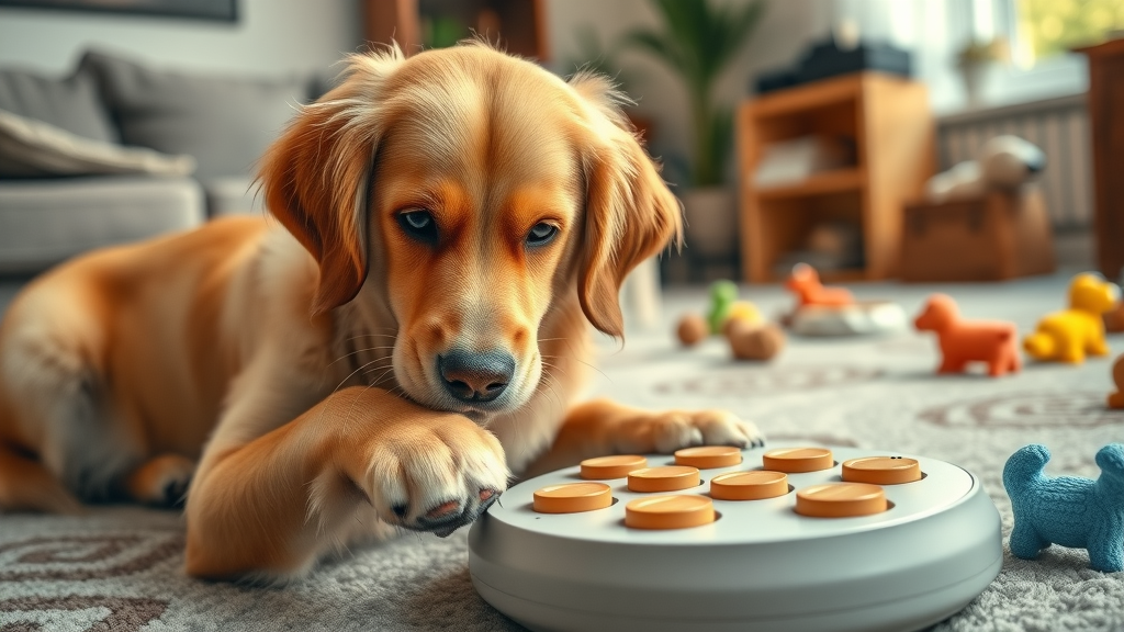 indoor dog activities golden retriever interactive puzzle toy cozy living room
