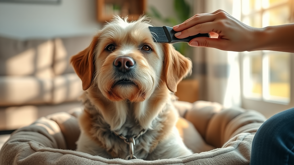 Senior dog grooming scene: heartwarming senior dog being gently groomed by loving owner in a cozy home, natural sunlight, plush dog bed