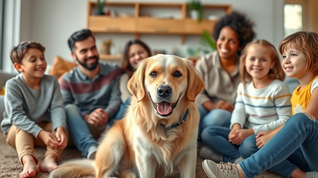 golden retriever meeting a diverse family, top friendly dogs in a cozy modern living room, smiling children and adults, calm and attentive, soft natural lighting