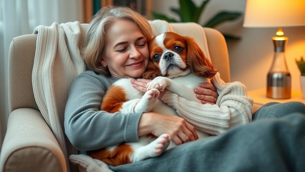 cavalier king charles spaniel snuggling with senior woman, affectionate friendly dog breed relaxing indoors