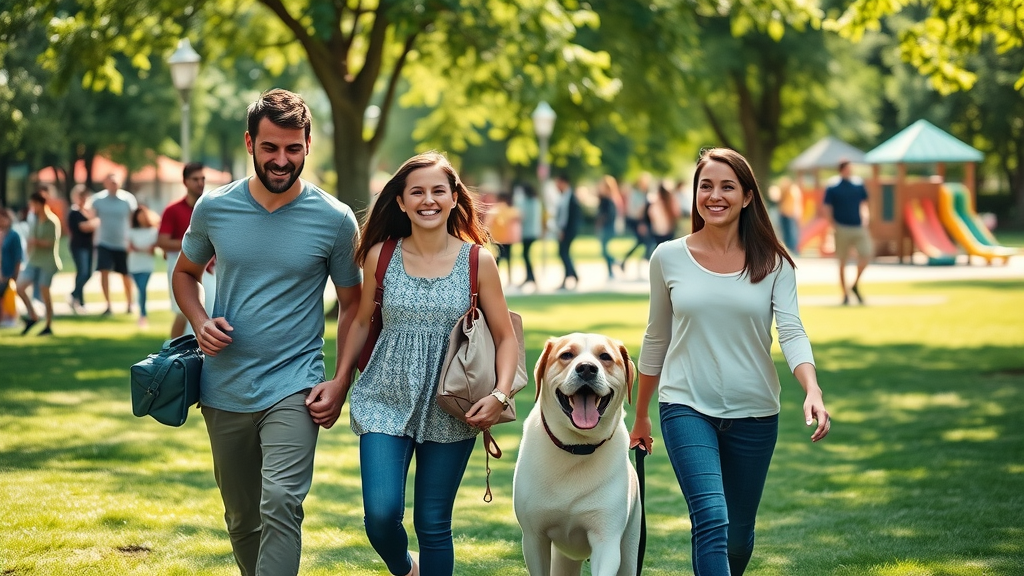 Family walking a well-behaved dog through busy public park, everyone relaxed, dog attentive, safe public behavior for aggression in dogs
