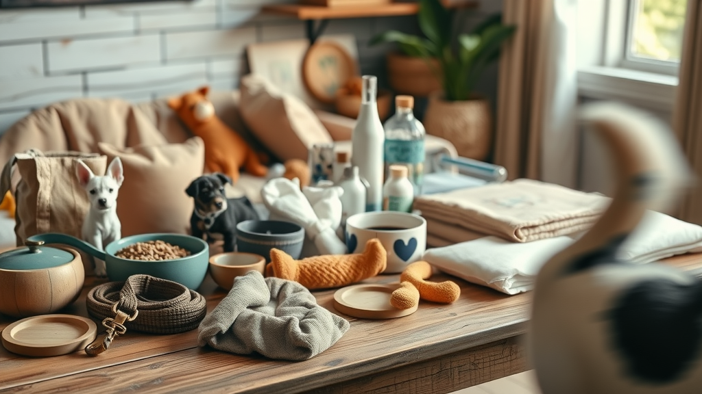 Organized collection of new puppy essentials including puppy food, leash, bowls, chew toys, and puppy pads displayed on a rustic wooden table in natural bright light