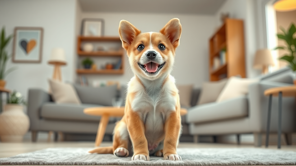 cheerful young puppy sitting in a cozy modern family living room - essential puppy gear