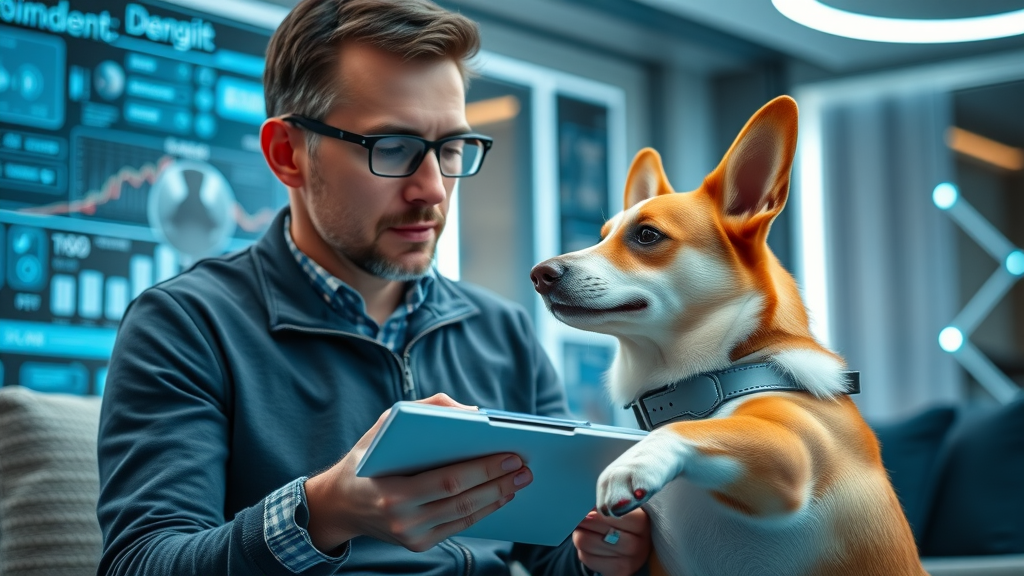 attentive owner tracking senior corgi activity - monitoring senior dog exercise tips progress